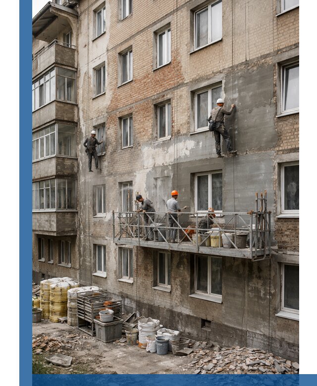 Капитальный ремонт фасада в Кинешме с восстановлением и гидроизоляцией