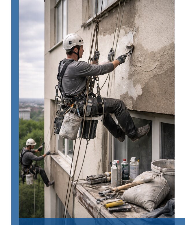 Косметический ремонт фасада зданий в Кинешме промышленными альпинистами