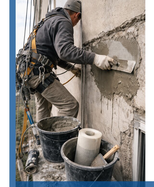 Ремонт бетонных элементов фасада промышленными альпинистами в Кинешме