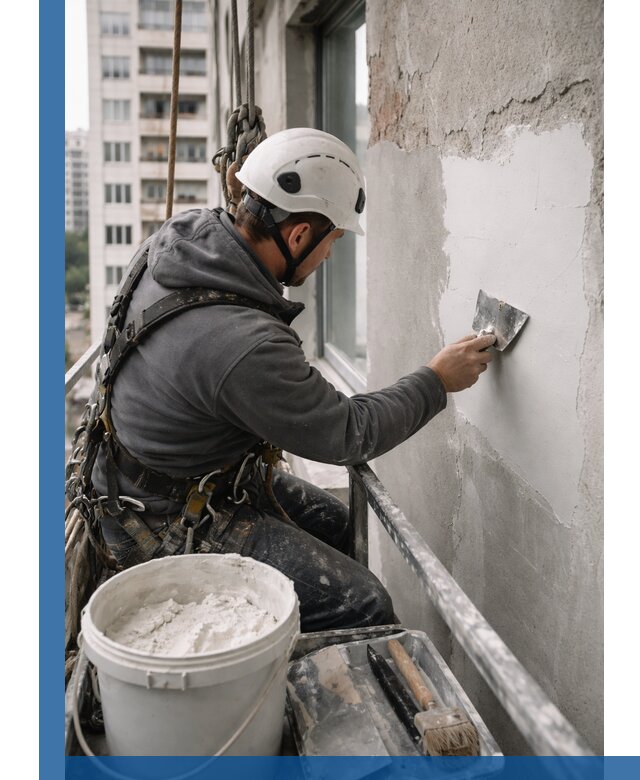 Шпаклевка фасадов на высоте с промальпинистами в Кинешме