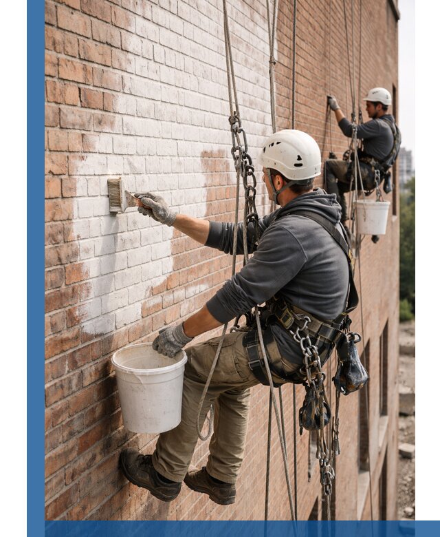Покраска кирпичного фасада с доступным альпинистским сервисом в Кинешме