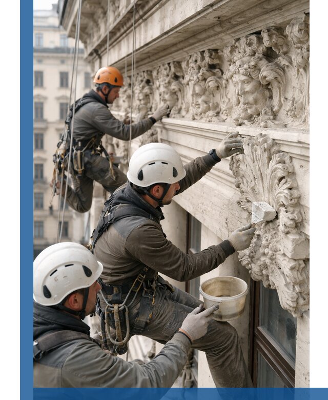 Реставрация фасадной лепнины с высотными работами в Кинешме