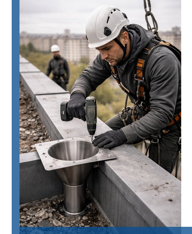 Монтаж водосточных воронок в Кинешме для промышленных зданий