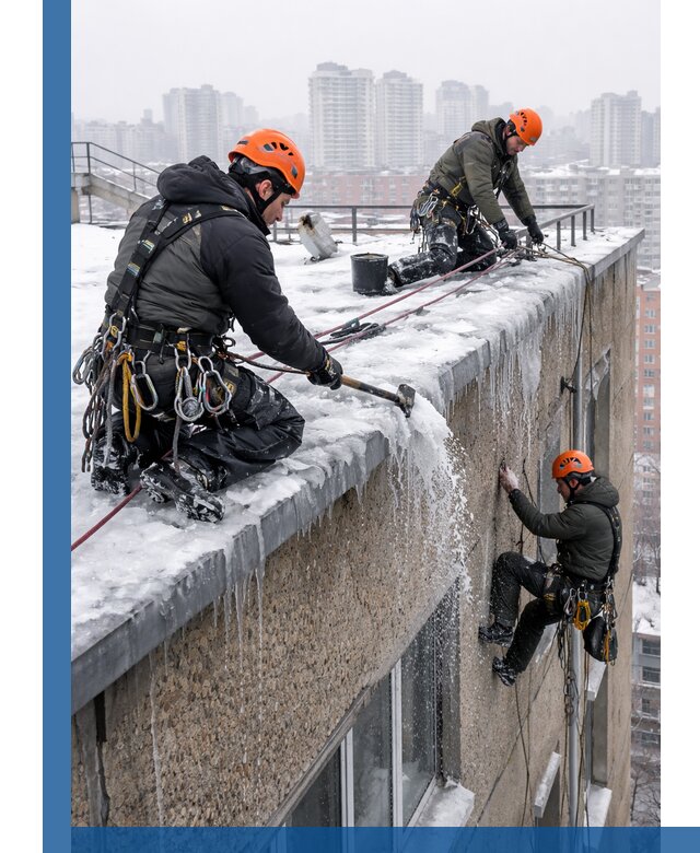 Удаление наледи с кровли в Кинешме промышленными альпинистами