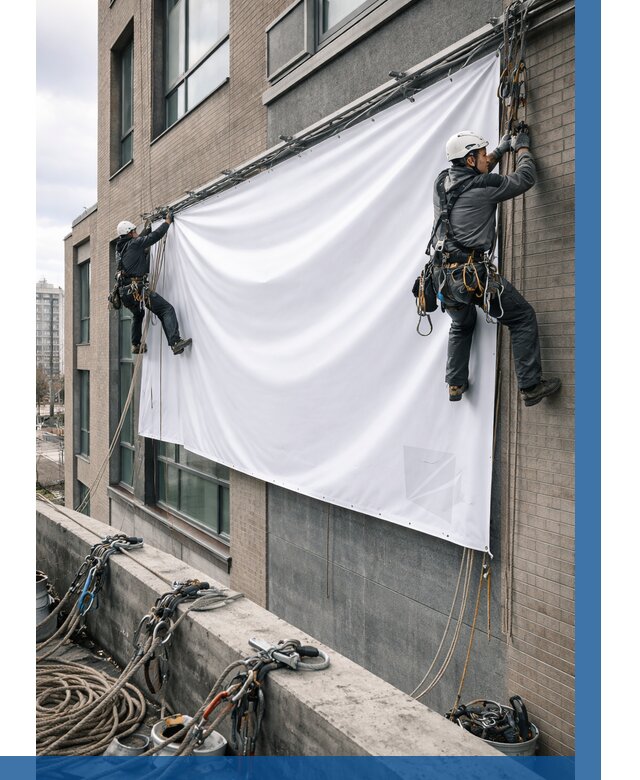 Монтаж баннеров на фасаде в Кинешме от 657 р. заказать ВЫСОТНИК-Кнш