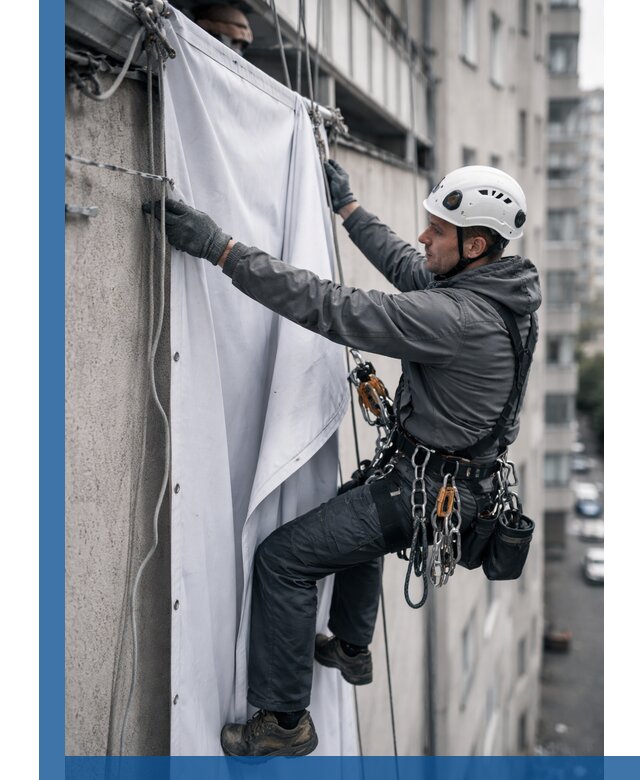 Замена баннерного полотна промышленными альпинистами в Кинешме