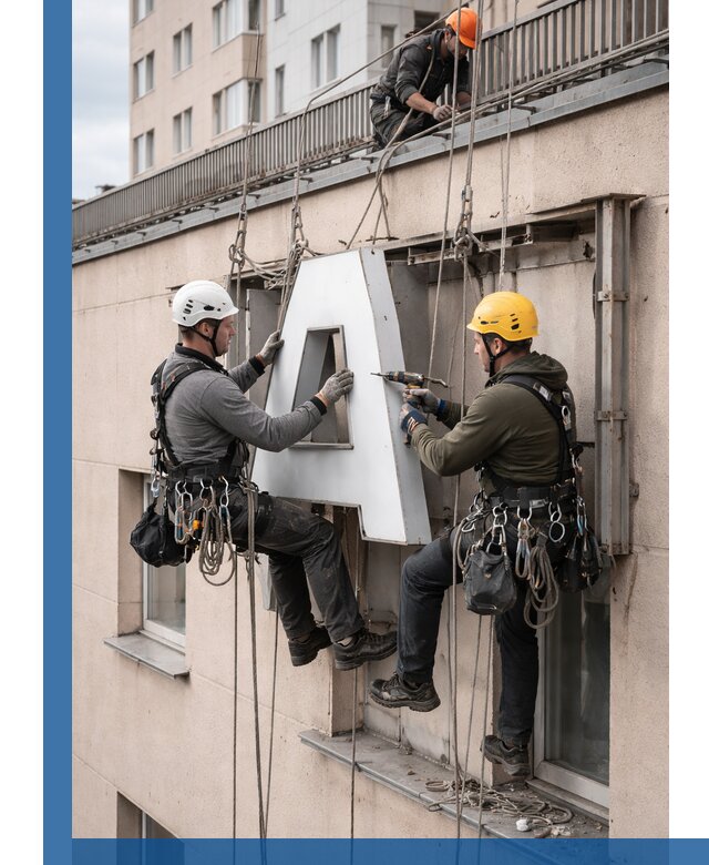 Ремонт и восстановление наружных вывесок на высоте в Кинешме