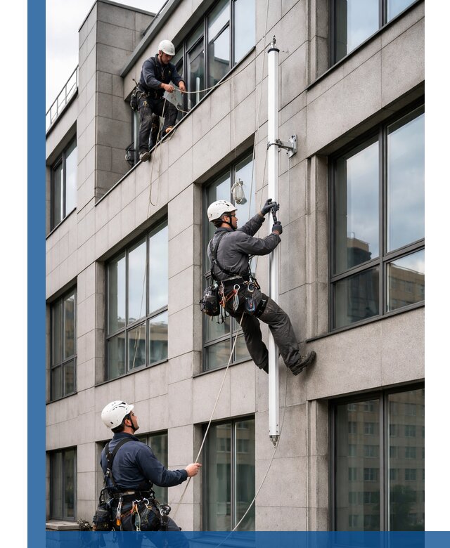Монтаж флагштока на фасаде здания с креплением и герметикой в Кинешме