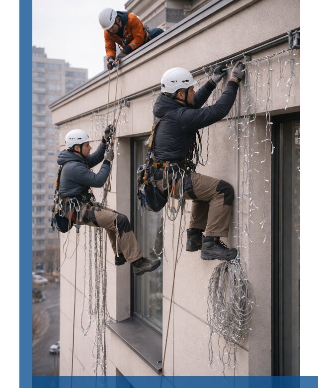 Монтаж праздничных гирлянд на фасаде в Кинешме для зданий