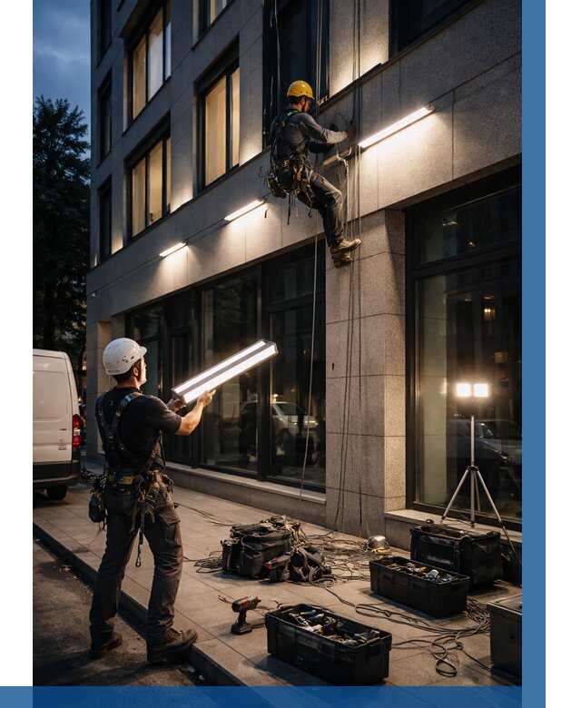 Монтаж архитектурной подсветки здания в Кинешме от 2527 р.|ВЫСОТНИК-Кнш