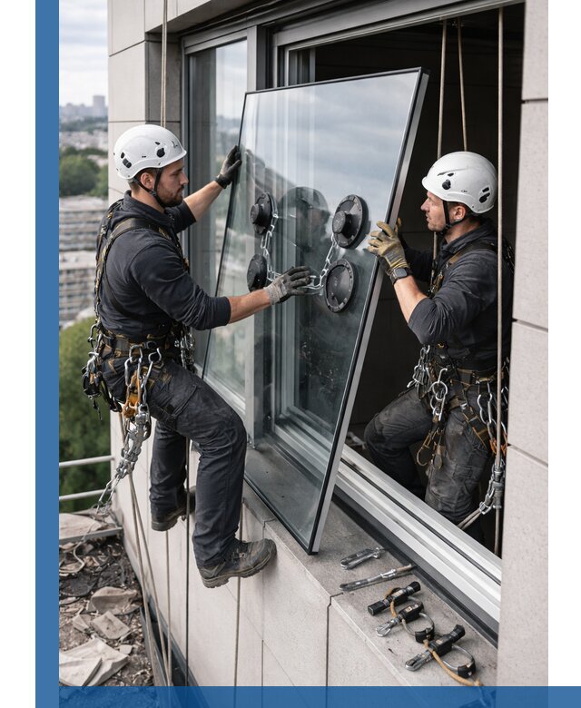 Замена стеклопакетов на высоте с промышленными альпинистами в Кинешме