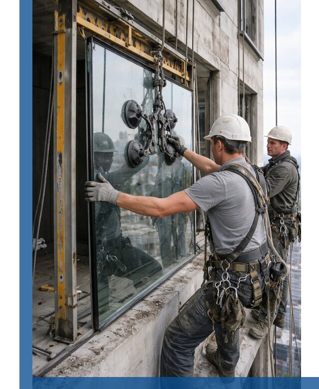 Монтаж стеклопакетов на высоте в Кинешме с промышленным альпинизмом