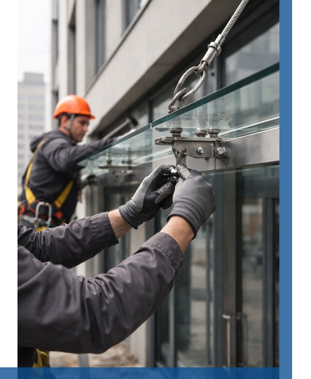 Монтаж стеклянных козырьков в Кинешме от 8591 р. | ВЫСОТНИК-Кнш