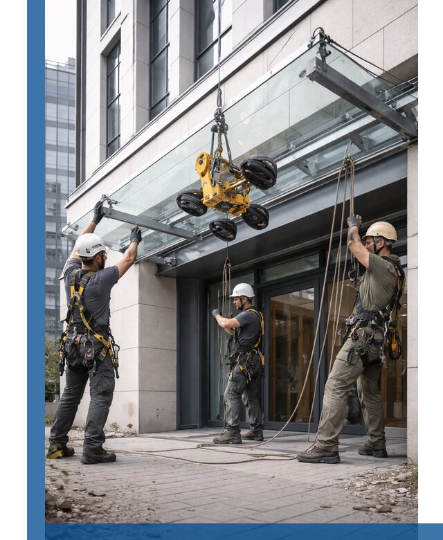 Монтаж стеклянных козырьков под ключ в Кинешме для зданий