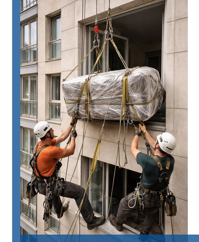 Подъем грузов через окно в Кинешме промышленными альпинистами