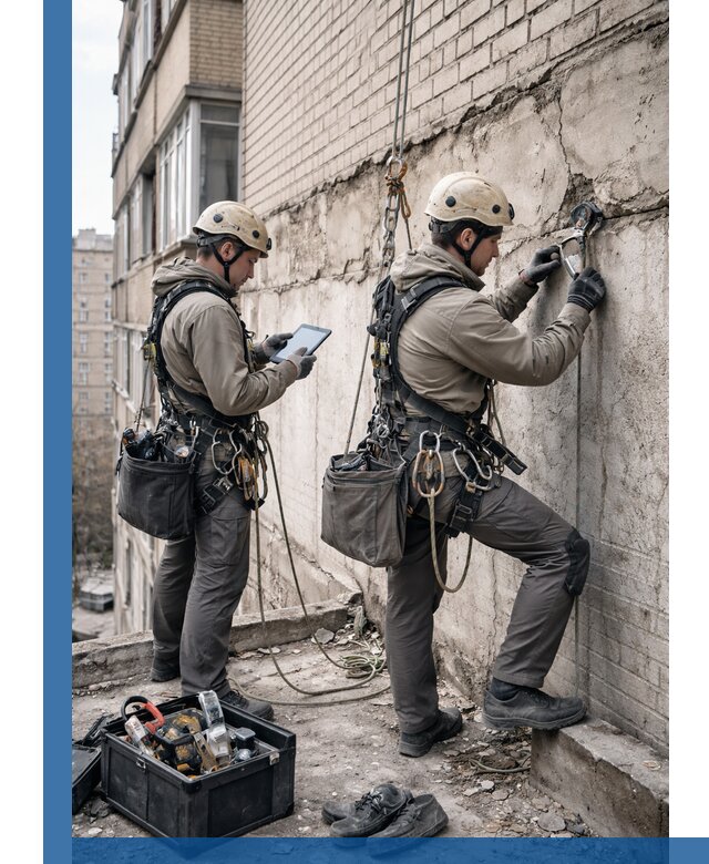 Обследование фасада промышленными альпинистами в Кинешме